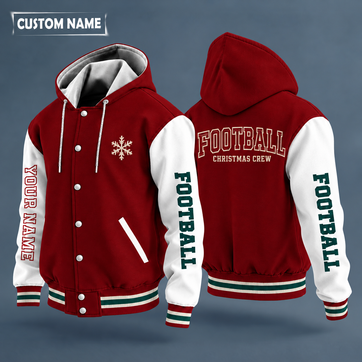 Hooded letterman jacket with white sleeves, snowflake and american football on the back, "FOOTBALL" lettering and a custom name down one sleeve in outlined capitals