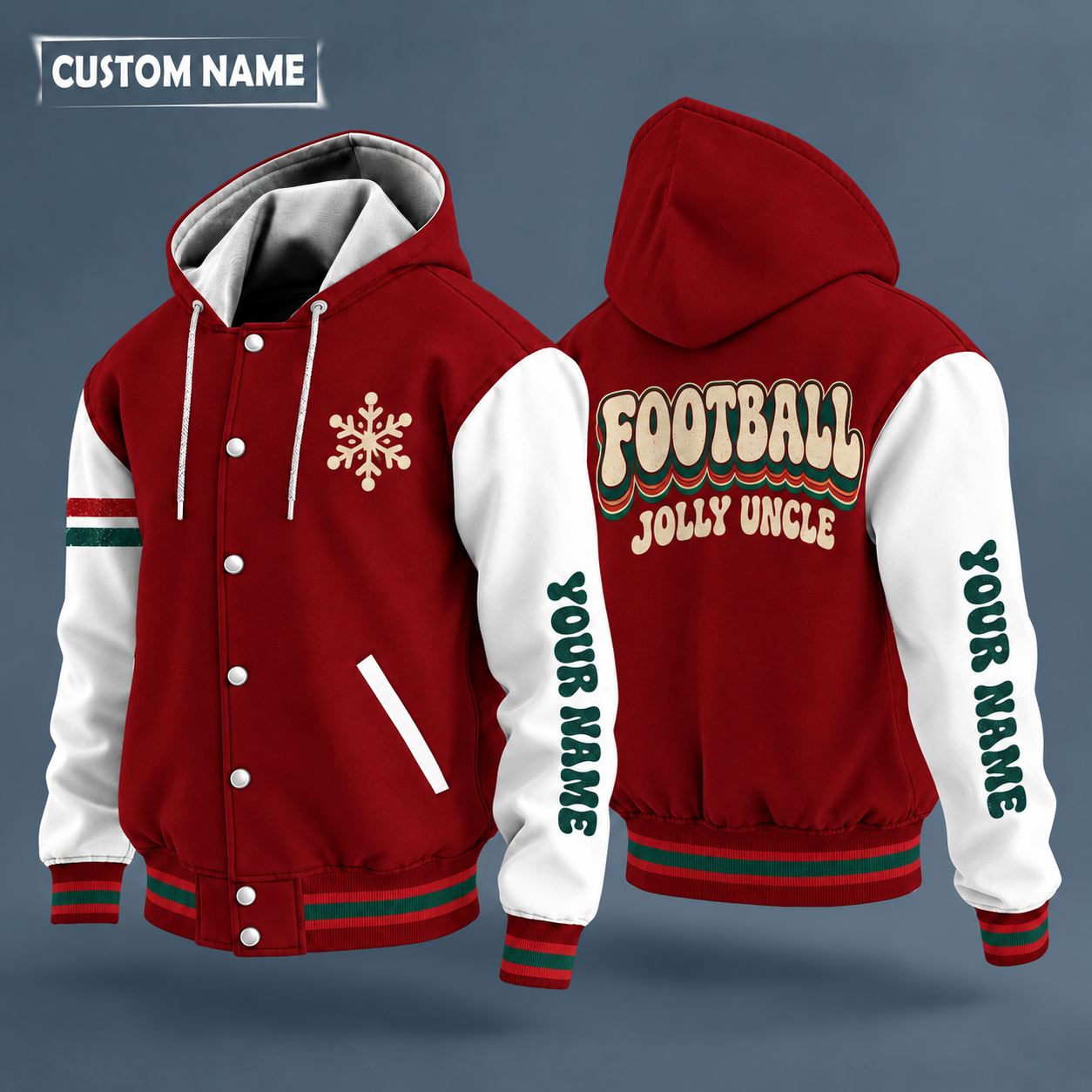 Hooded letterman jacket with white sleeves, snowflake and american football on the back, "FOOTBALL" lettering and a custom name down one sleeve in a retro font