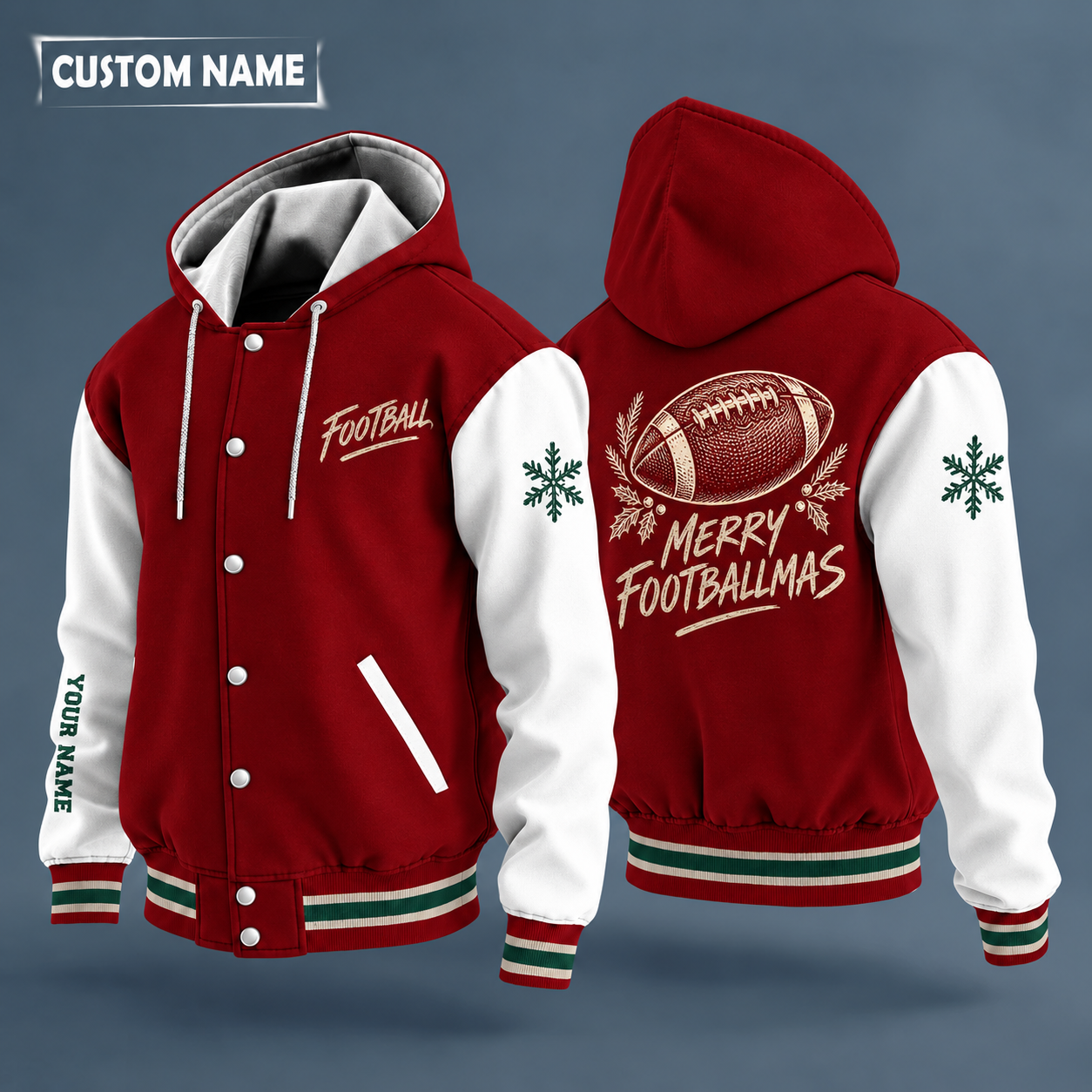 Hooded letterman jacket with white sleeves, snowflake and american football on the back, "FOOTBALL" lettering and a custom name down one sleeve