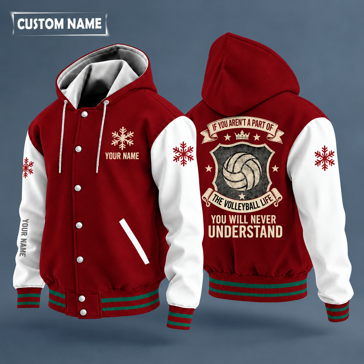 Hooded letterman jacket with white sleeves, snowflake and volleyball on the back, "VOLLEY" lettering and a custom name on the chest under a small icon