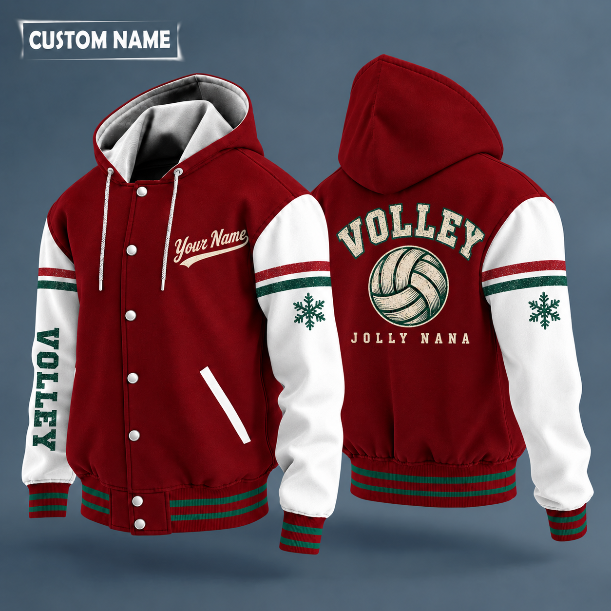 Hooded letterman jacket with white sleeves, snowflake and volleyball on the back, "VOLLEY" lettering and a custom name in script on the chest