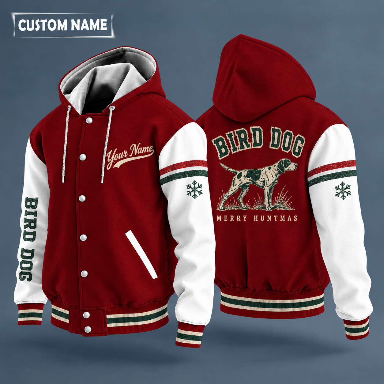 Hooded letterman jacket with white sleeves, snowflake and pointer dog on the back, "BIRD DOG" lettering and a custom name in script on the chest