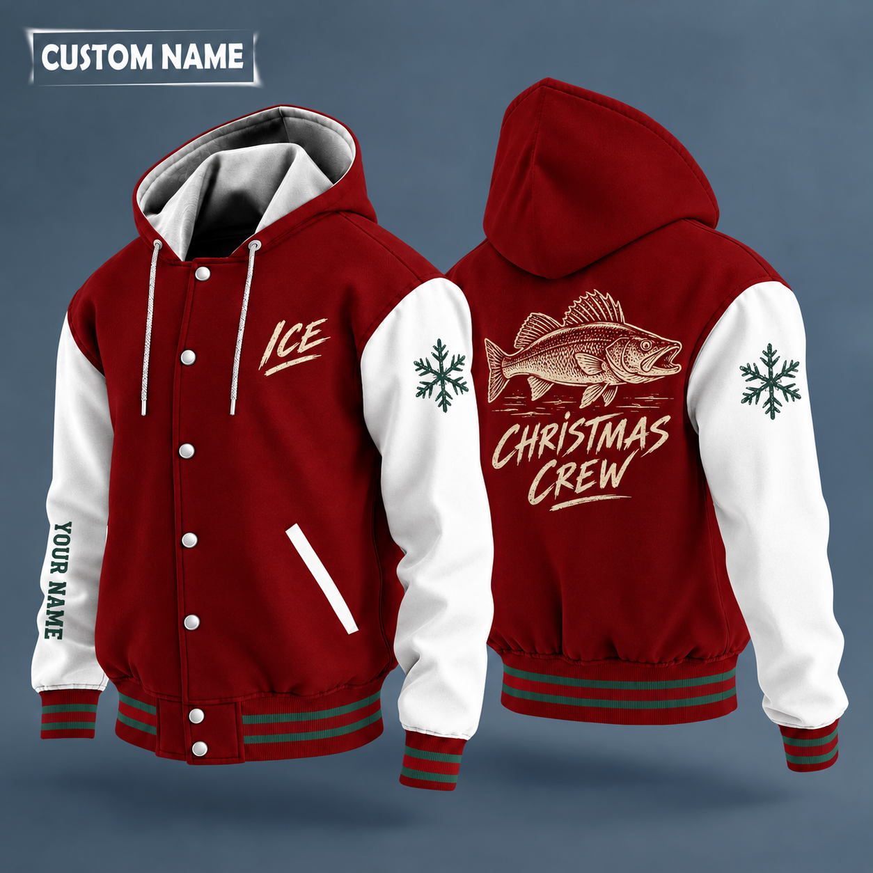 Hooded letterman jacket with white sleeves, snowflake and walleye on the back, "ICE" lettering and a custom name down one sleeve