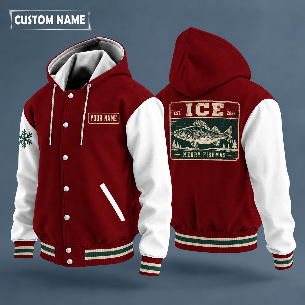 Hooded letterman jacket with white sleeves, snowflake and walleye on the back, "ICE" lettering and a custom name on a work-shirt style name tag print on the chest