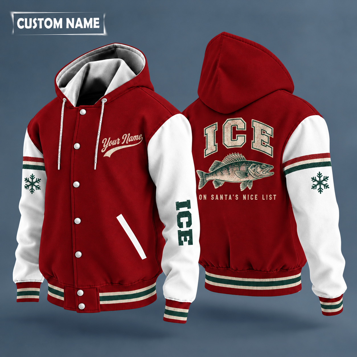 Hooded letterman jacket with white sleeves, snowflake and walleye on the back, "ICE" lettering and a custom name in script on the chest