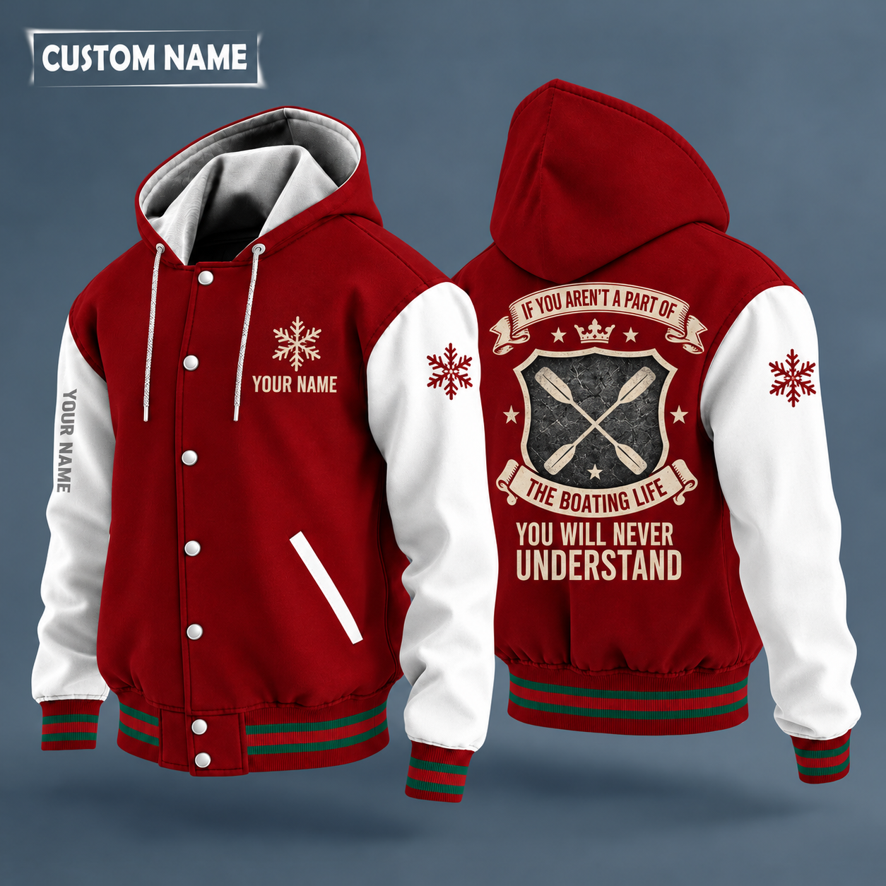 Hooded letterman jacket with white sleeves, snowflake and crossed paddles on the back, "LAKE LIFE" lettering and a custom name on the chest under a small icon