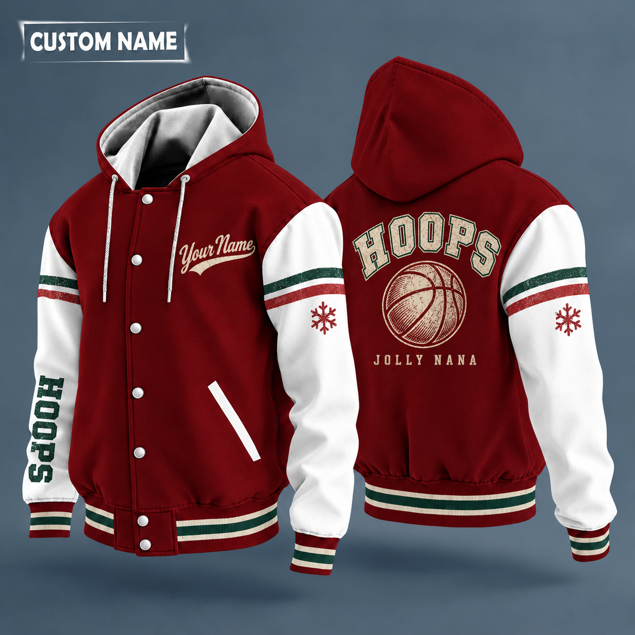 Hooded letterman jacket with white sleeves, snowflake and basketball on the back, "HOOPS" lettering and a custom name in script on the chest