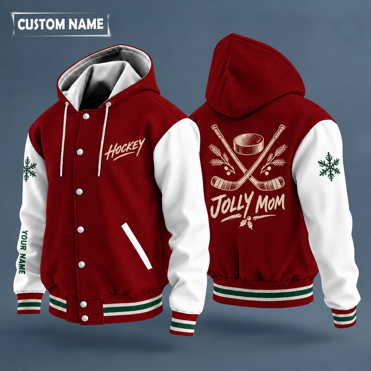 Hooded letterman jacket with white sleeves, snowflake and puck and crossed hockey sticks with curved blades on the back, "HOCKEY" lettering and a custom name down one sleeve