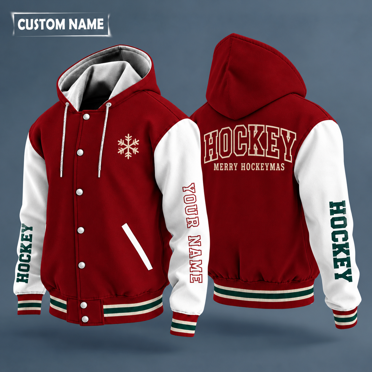 Hooded letterman jacket with white sleeves, snowflake and puck and crossed hockey sticks with curved blades on the back, "HOCKEY" lettering and a custom name down one sleeve in outlined capitals