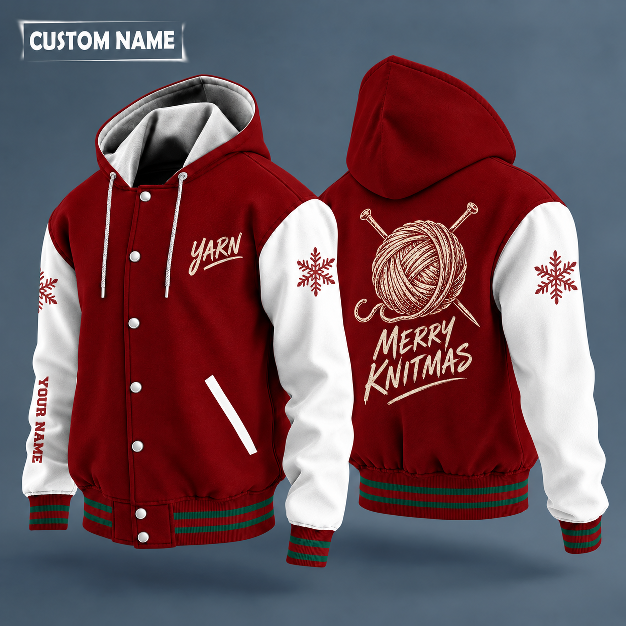 Hooded letterman jacket with white sleeves, snowflake and yarn ball with needles on the back, "YARN" lettering and a custom name down one sleeve