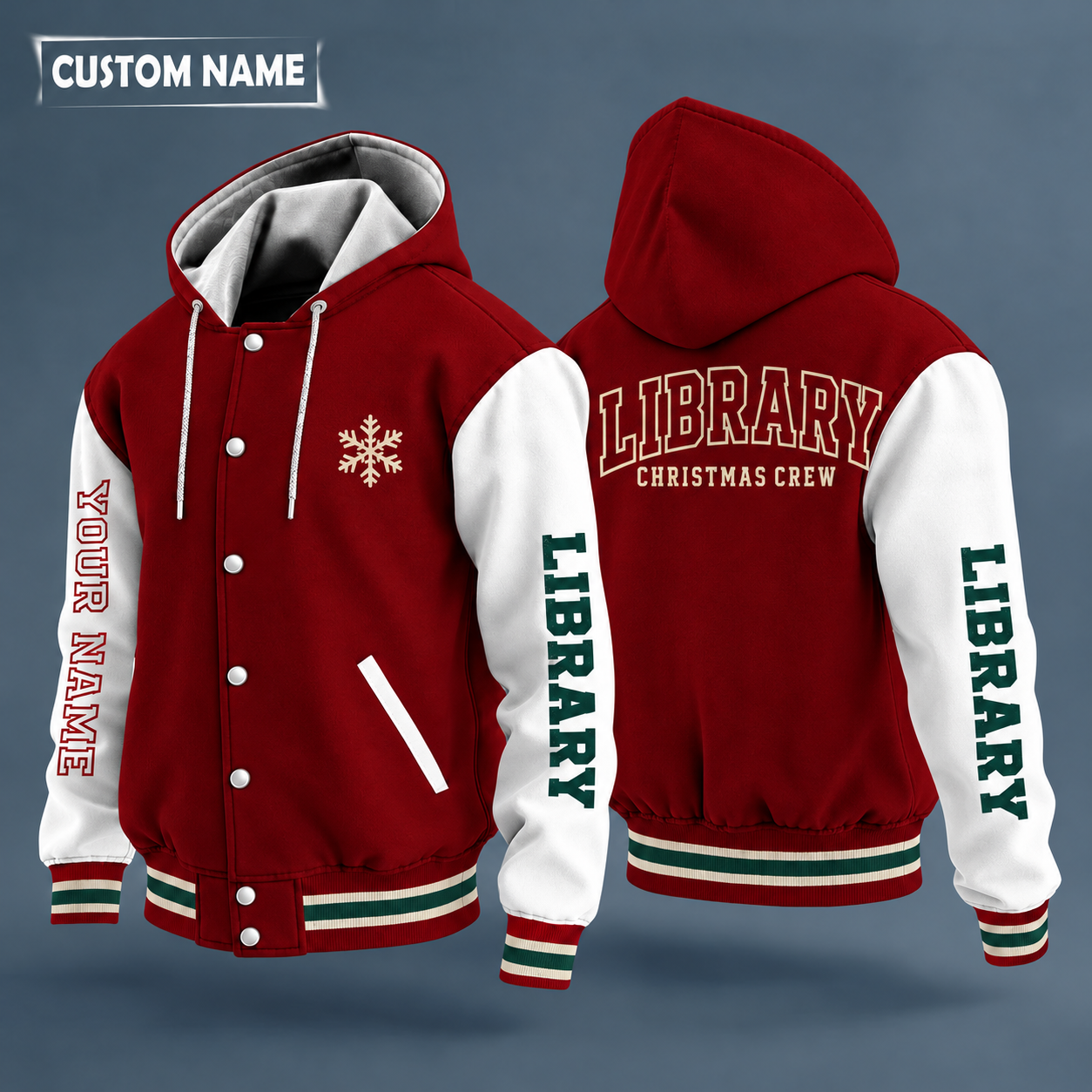 Hooded letterman jacket with white sleeves, snowflake and book stack on the back, "LIBRARY" lettering and a custom name down one sleeve in outlined capitals