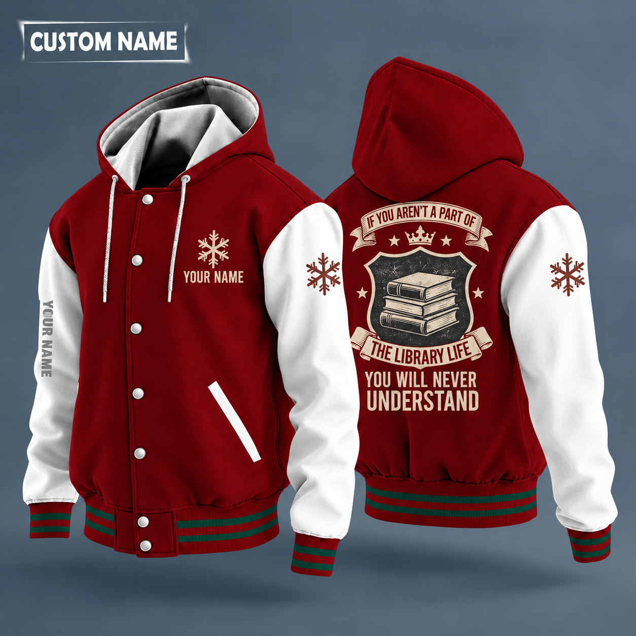 Hooded letterman jacket with white sleeves, snowflake and book stack on the back, "LIBRARY" lettering and a custom name on the chest under a small icon