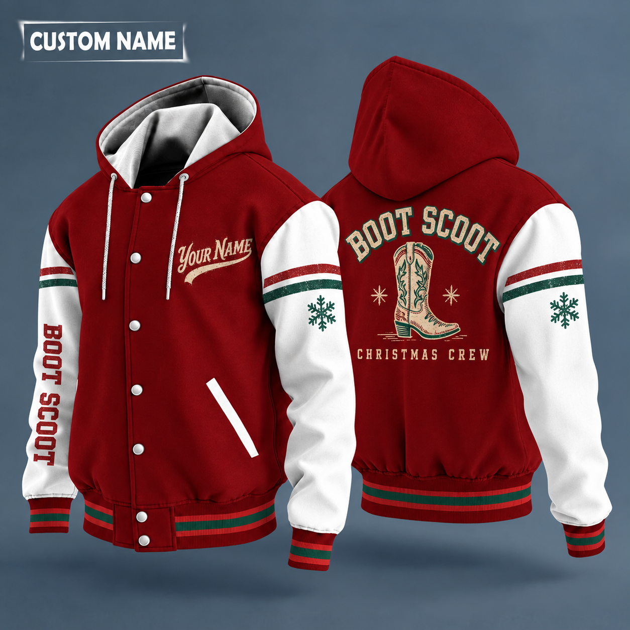 Hooded letterman jacket with white sleeves, snowflake and cowboy boot on the back, "BOOT SCOOT" lettering and a custom name in script on the chest