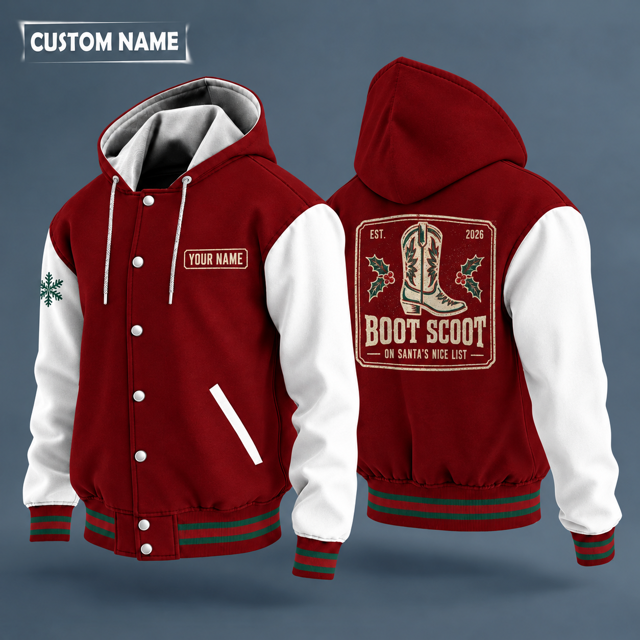 Hooded letterman jacket with white sleeves, snowflake and cowboy boot on the back, "BOOT SCOOT" lettering and a custom name on a work-shirt style name tag print on the chest