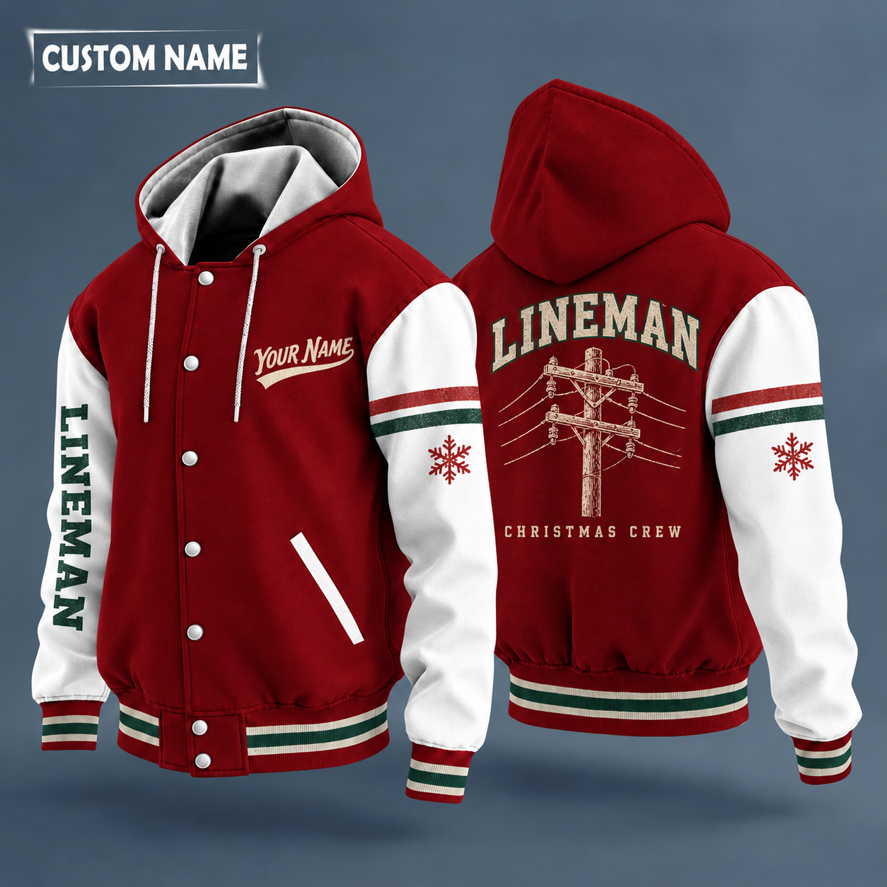 Hooded letterman jacket with white sleeves, snowflake and utility pole with wires on the back, "LINEMAN" lettering and a custom name in script on the chest