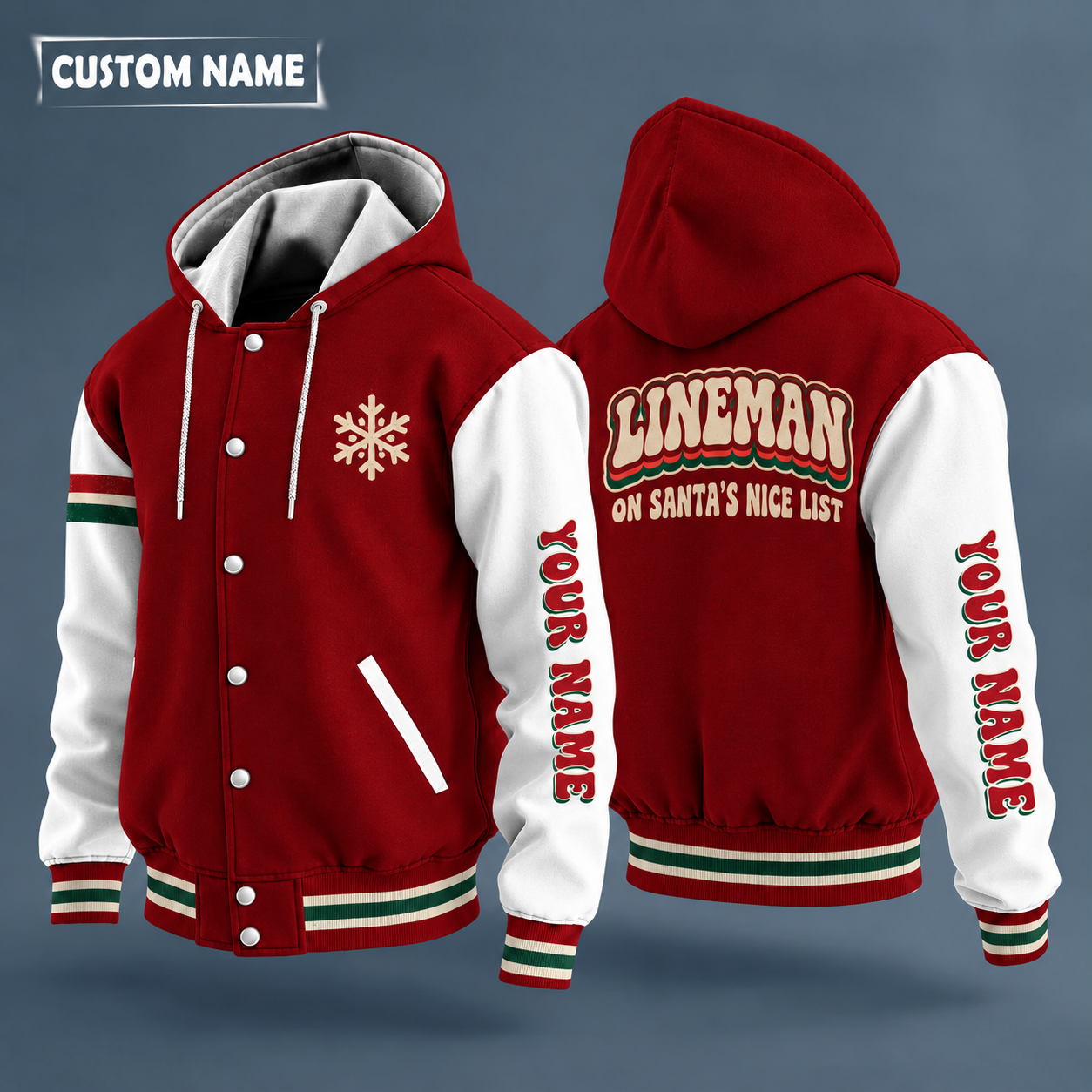 Hooded letterman jacket with white sleeves, snowflake and utility pole with wires on the back, "LINEMAN" lettering and a custom name down one sleeve in a retro font