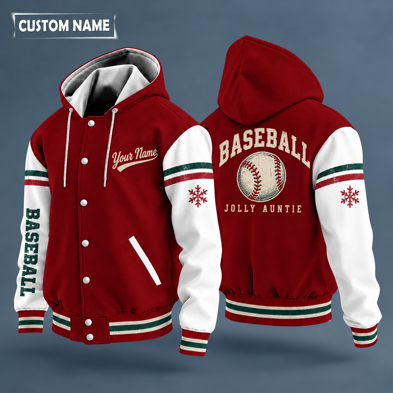 Hooded letterman jacket with white sleeves, snowflake and baseball with red stitches on the back, "BASEBALL" lettering and a custom name in script on the chest