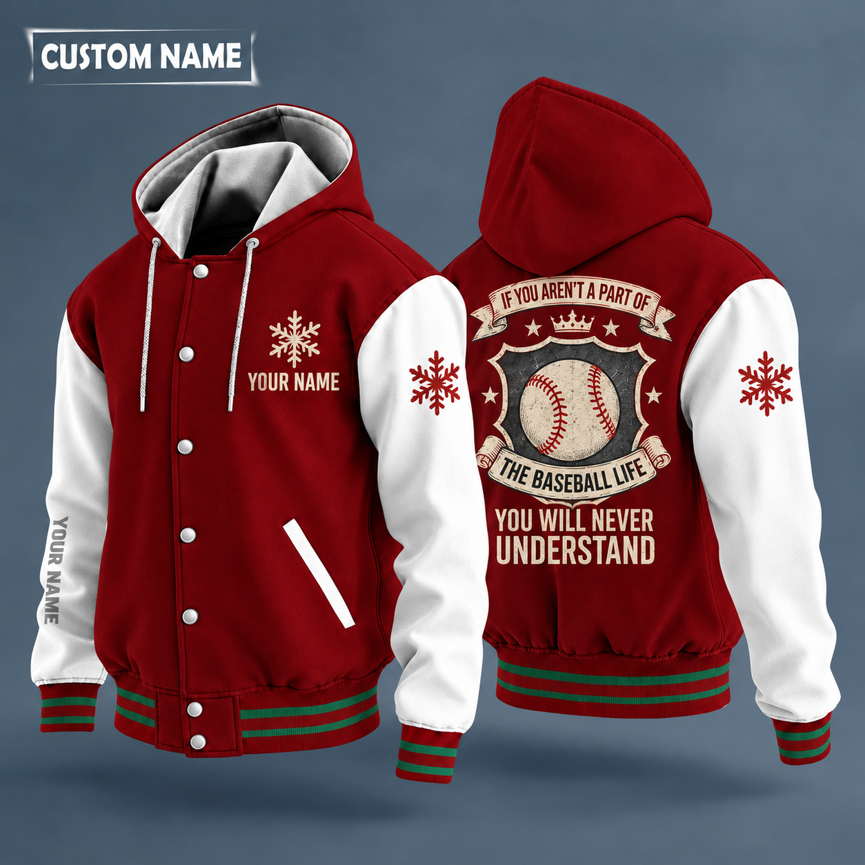 Hooded letterman jacket with white sleeves, snowflake and baseball with red stitches on the back, "BASEBALL" lettering and a custom name on the chest under a small icon