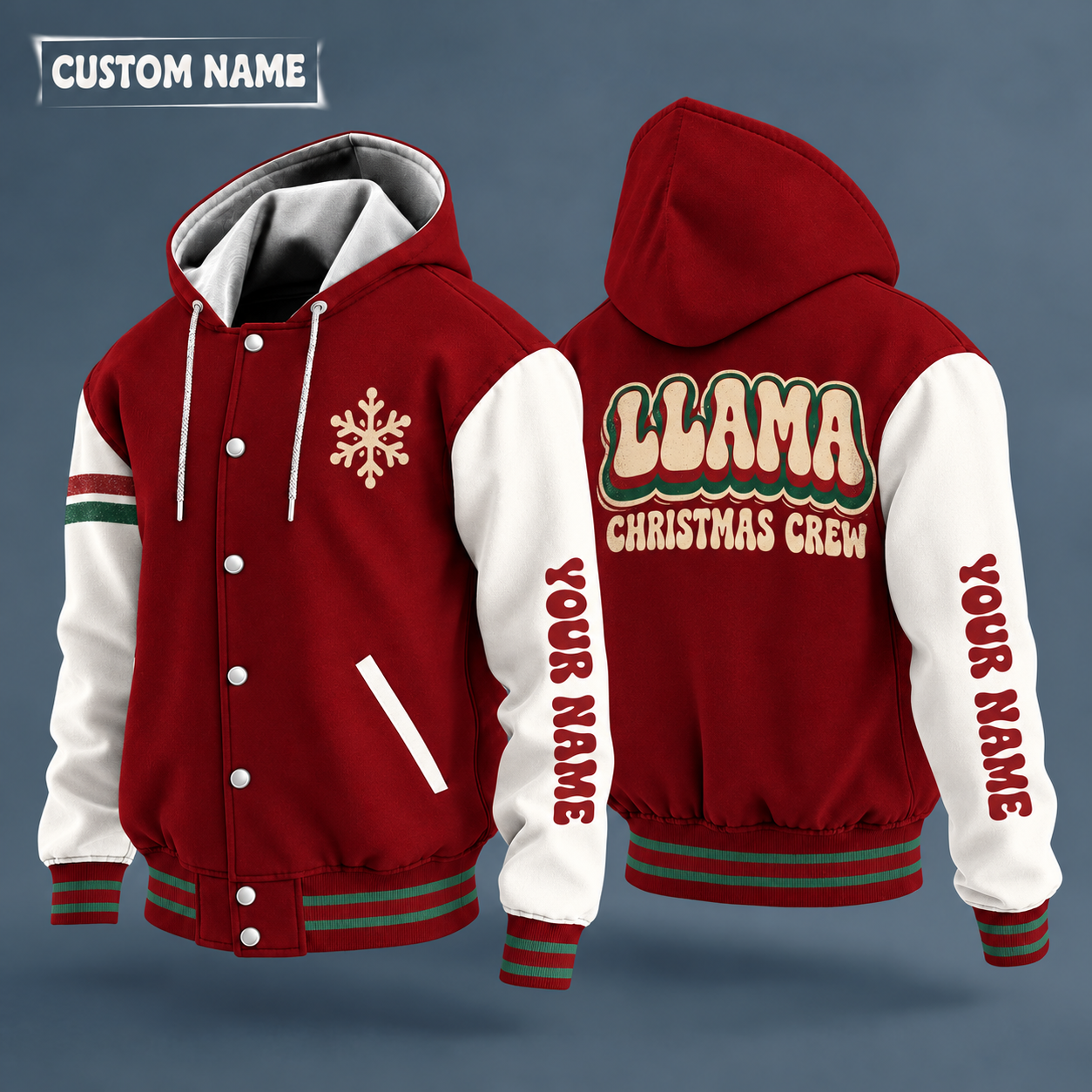 Hooded letterman jacket with white sleeves, snowflake and llama head on the back, "LLAMA" lettering and a custom name down one sleeve in a retro font
