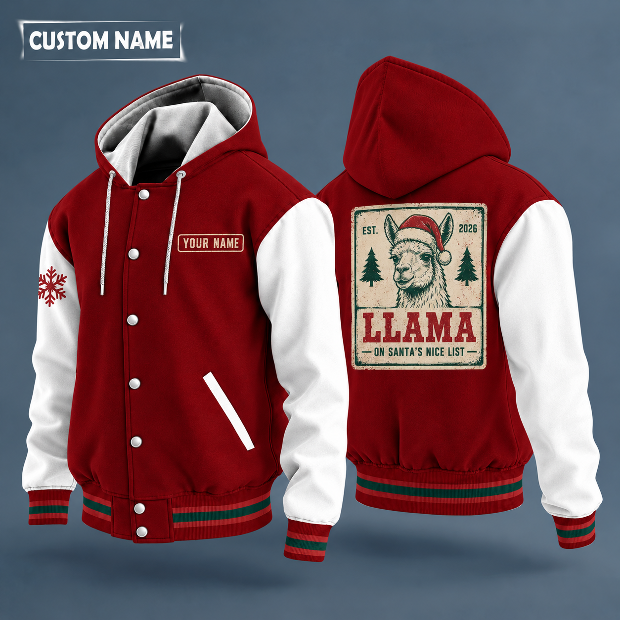 Hooded letterman jacket with white sleeves, snowflake and llama head on the back, "LLAMA" lettering and a custom name on a work-shirt style name tag print on the chest