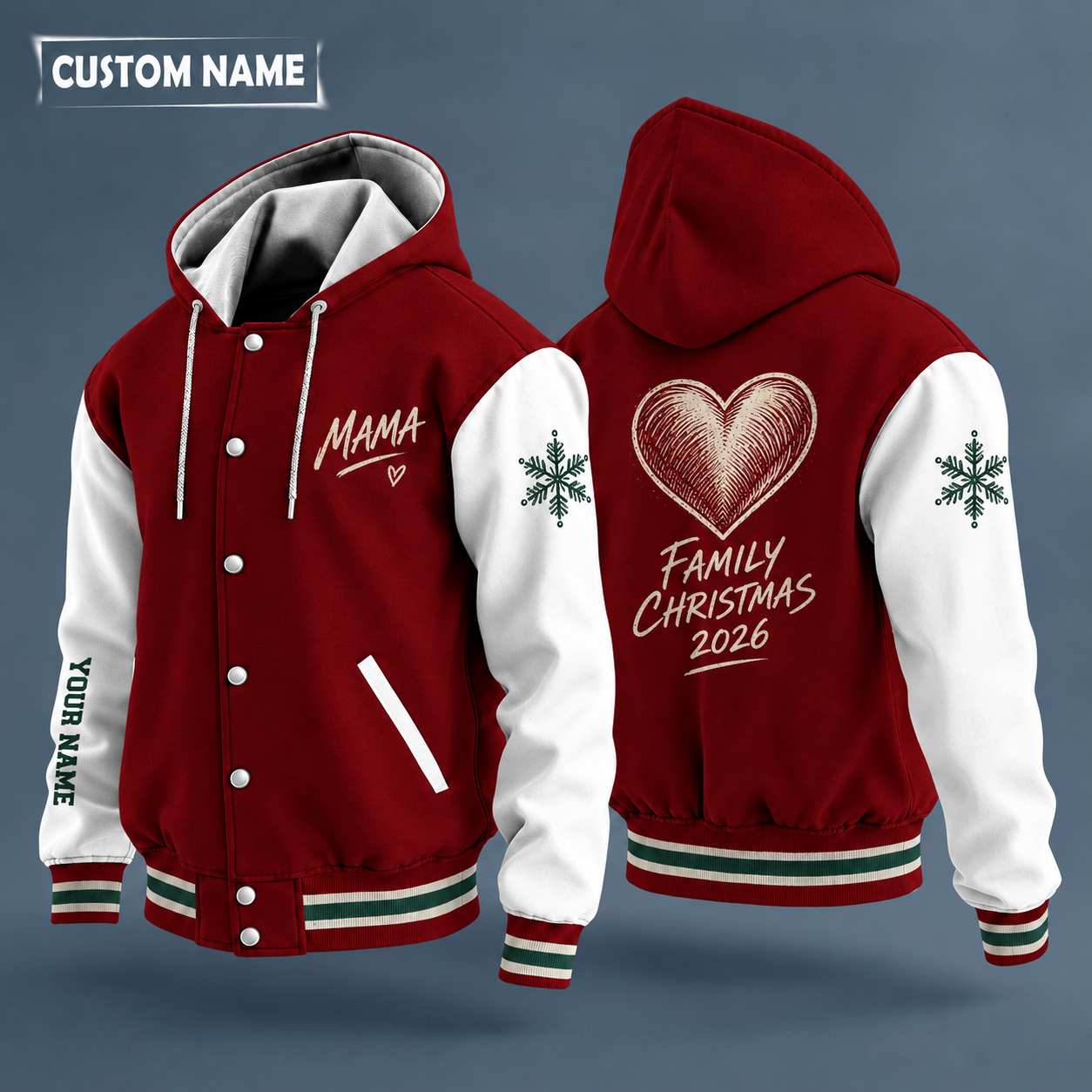 Hooded letterman jacket with white sleeves, snowflake and heart on the back, "MAMA" lettering and a custom name down one sleeve