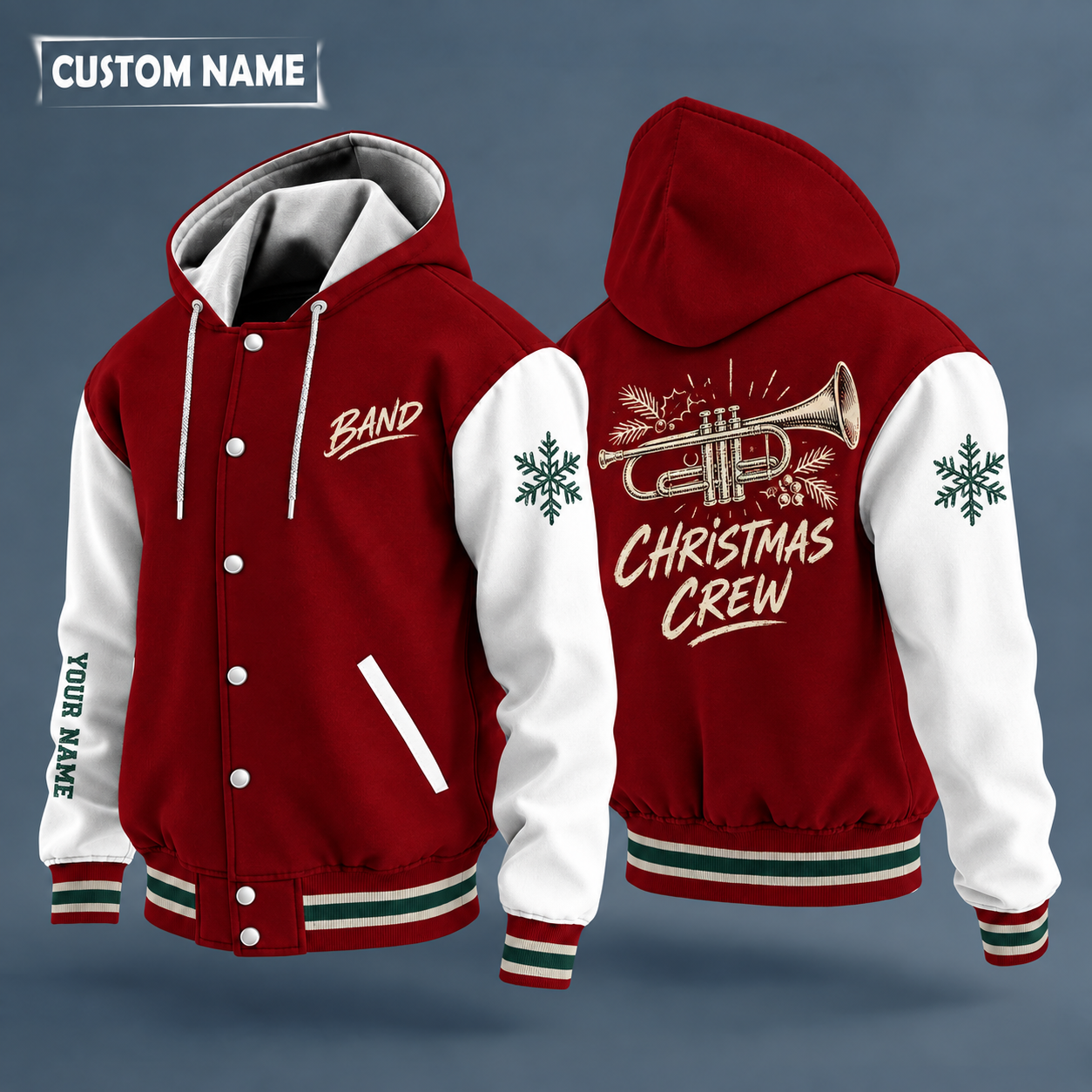 Hooded letterman jacket with white sleeves, snowflake and trumpet on the back, "BAND" lettering and a custom name down one sleeve