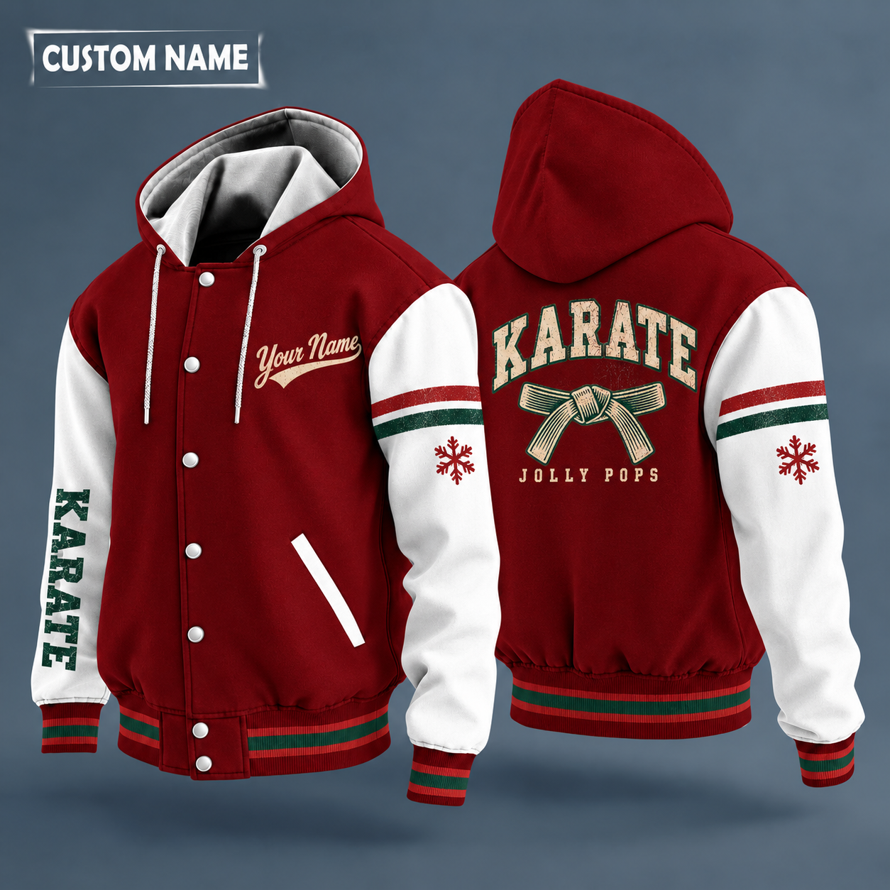 Hooded letterman jacket with white sleeves, snowflake and tied belt knot on the back, "KARATE" lettering and a custom name in script on the chest