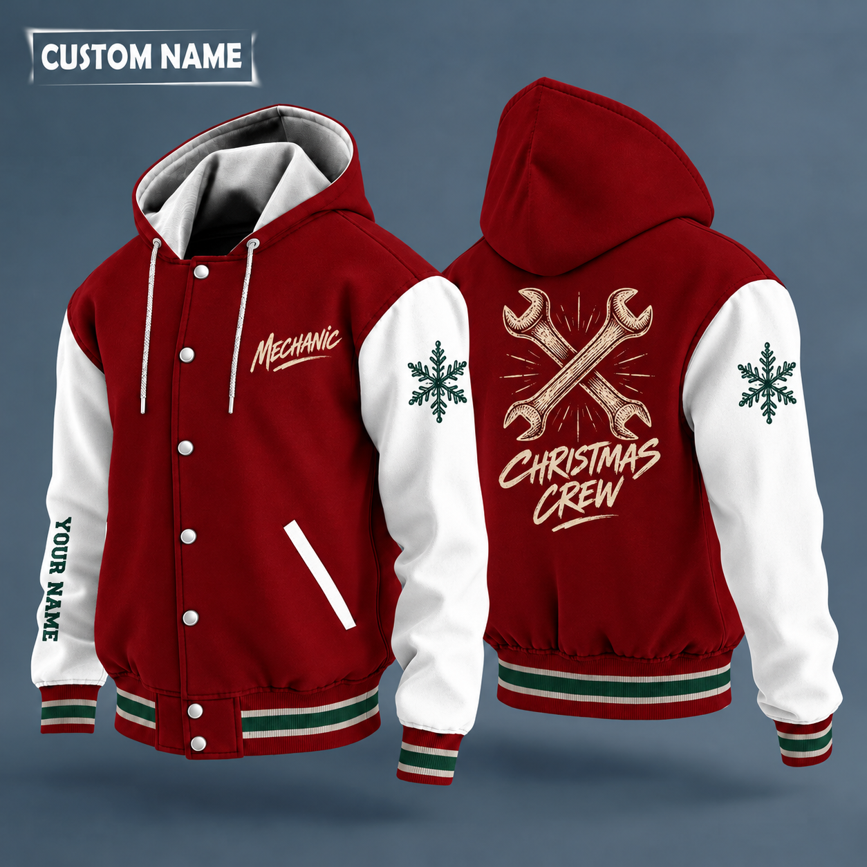 Hooded letterman jacket with white sleeves, snowflake and crossed wrenches on the back, "MECHANIC" lettering and a custom name down one sleeve