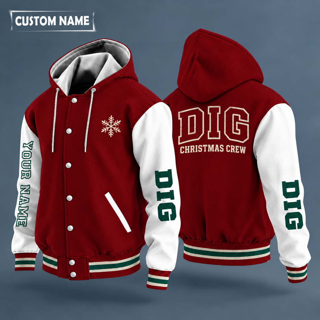 Hooded letterman jacket with white sleeves, snowflake and metal detector on the back, "DIG" lettering and a custom name down one sleeve in outlined capitals