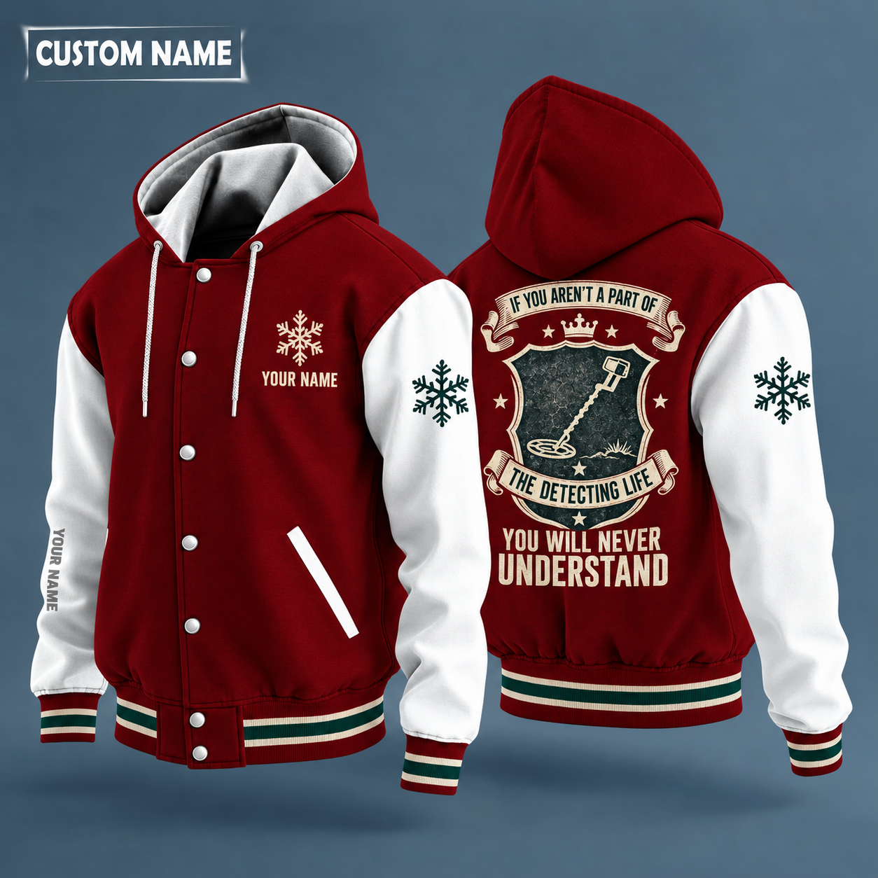 Hooded letterman jacket with white sleeves, snowflake and metal detector on the back, "DIG" lettering and a custom name on the chest under a small icon