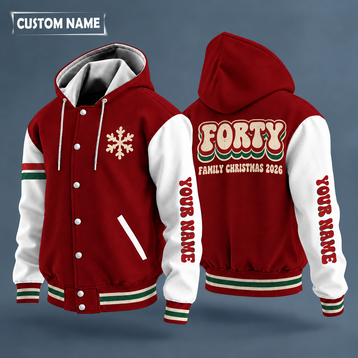 Hooded letterman jacket with white sleeves, snowflake and vintage badge stars on the back, "FORTY" lettering and a custom name down one sleeve in a retro font