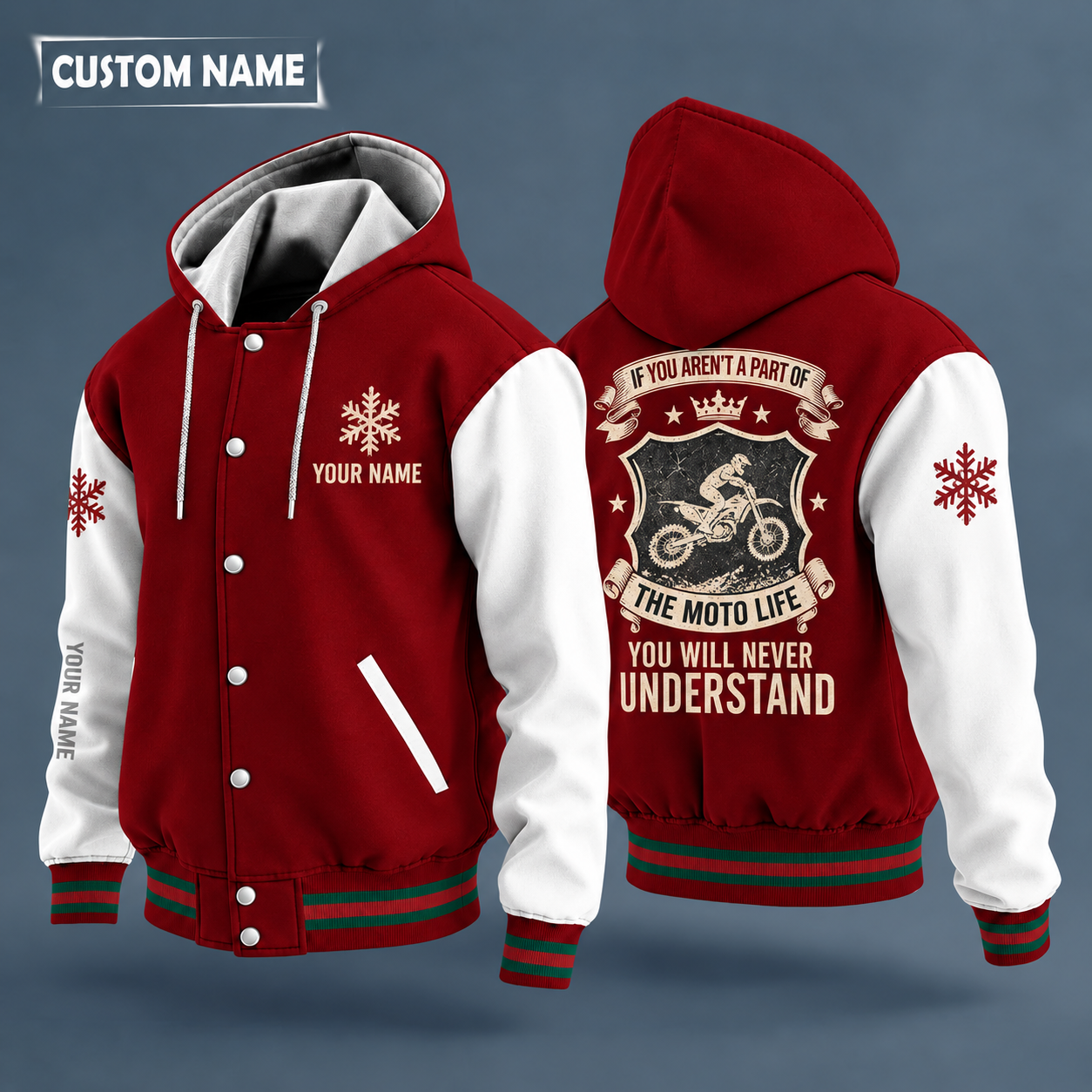 Hooded letterman jacket with white sleeves, snowflake and dirt bike on the back, "MOTO" lettering and a custom name on the chest under a small icon