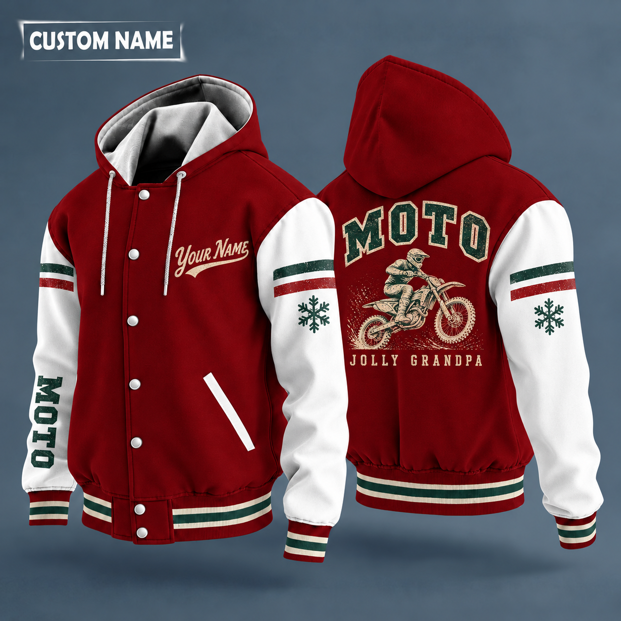 Hooded letterman jacket with white sleeves, snowflake and dirt bike on the back, "MOTO" lettering and a custom name in script on the chest