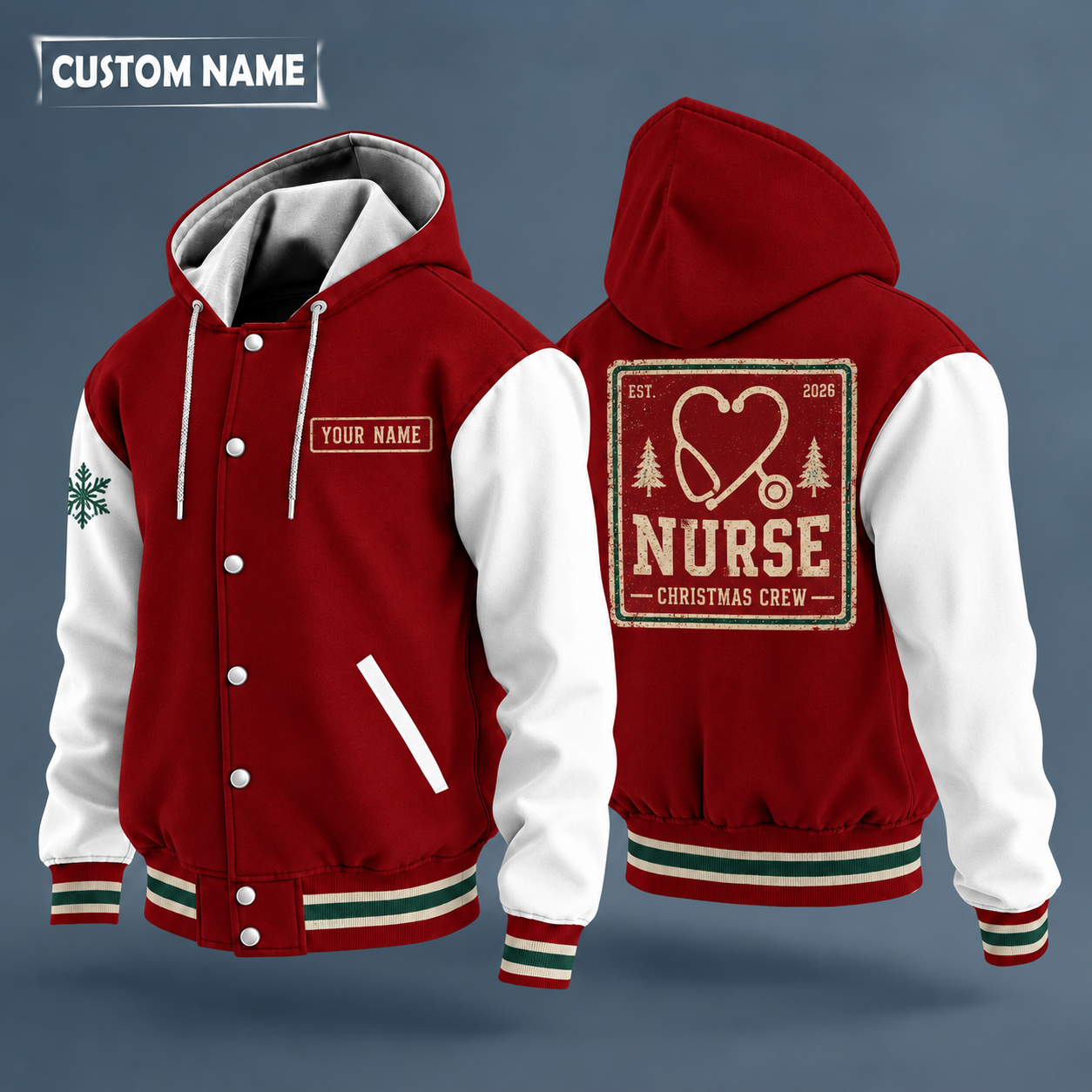 Hooded letterman jacket with white sleeves, snowflake and stethoscope heart on the back, "NURSE" lettering and a custom name on a work-shirt style name tag print on the chest