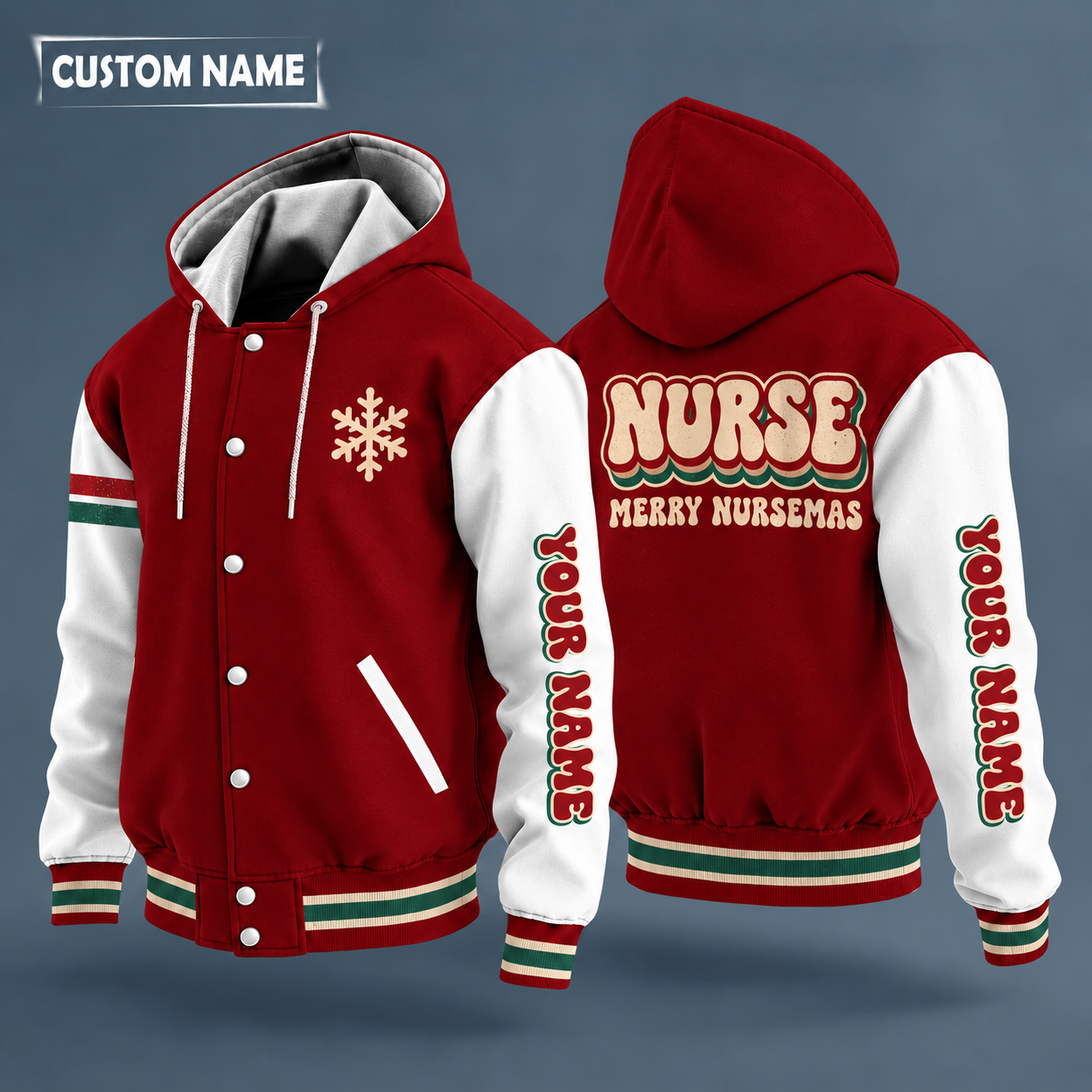 Hooded letterman jacket with white sleeves, snowflake and stethoscope heart on the back, "NURSE" lettering and a custom name down one sleeve in a retro font
