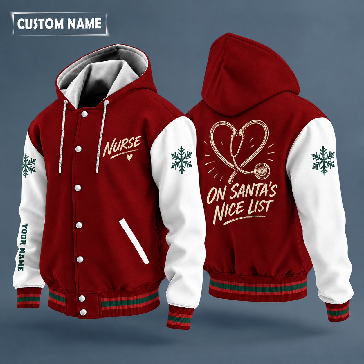 Hooded letterman jacket with white sleeves, snowflake and stethoscope heart on the back, "NURSE" lettering and a custom name down one sleeve
