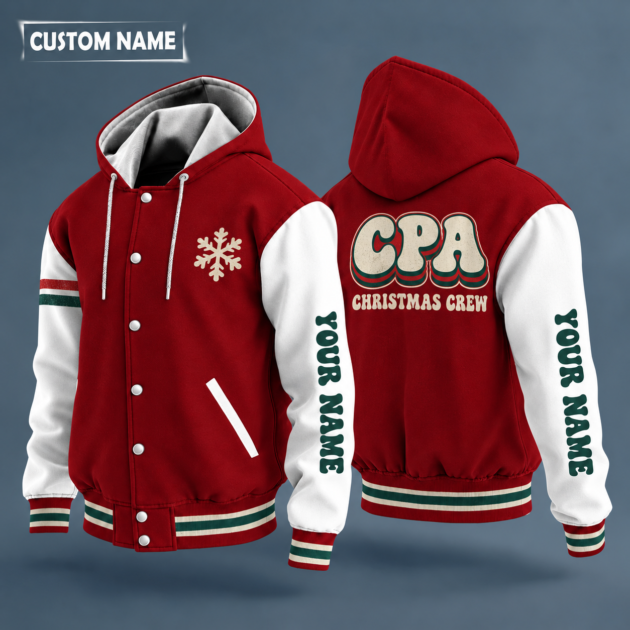 Hooded letterman jacket with white sleeves, snowflake and calculator on the back, "CPA" lettering and a custom name down one sleeve in a retro font
