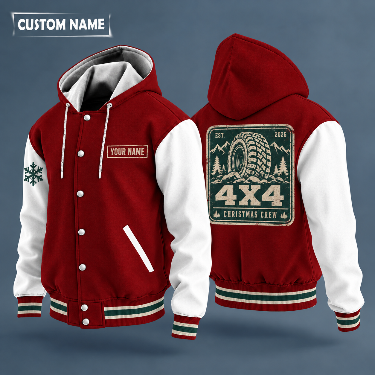 Hooded letterman jacket with white sleeves, snowflake and off-road tire on the back, "4X4" lettering and a custom name on a work-shirt style name tag print on the chest