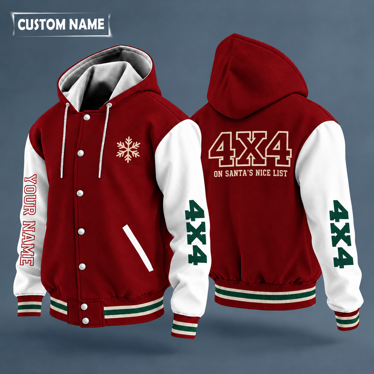 Hooded letterman jacket with white sleeves, snowflake and off-road tire on the back, "4X4" lettering and a custom name down one sleeve in outlined capitals