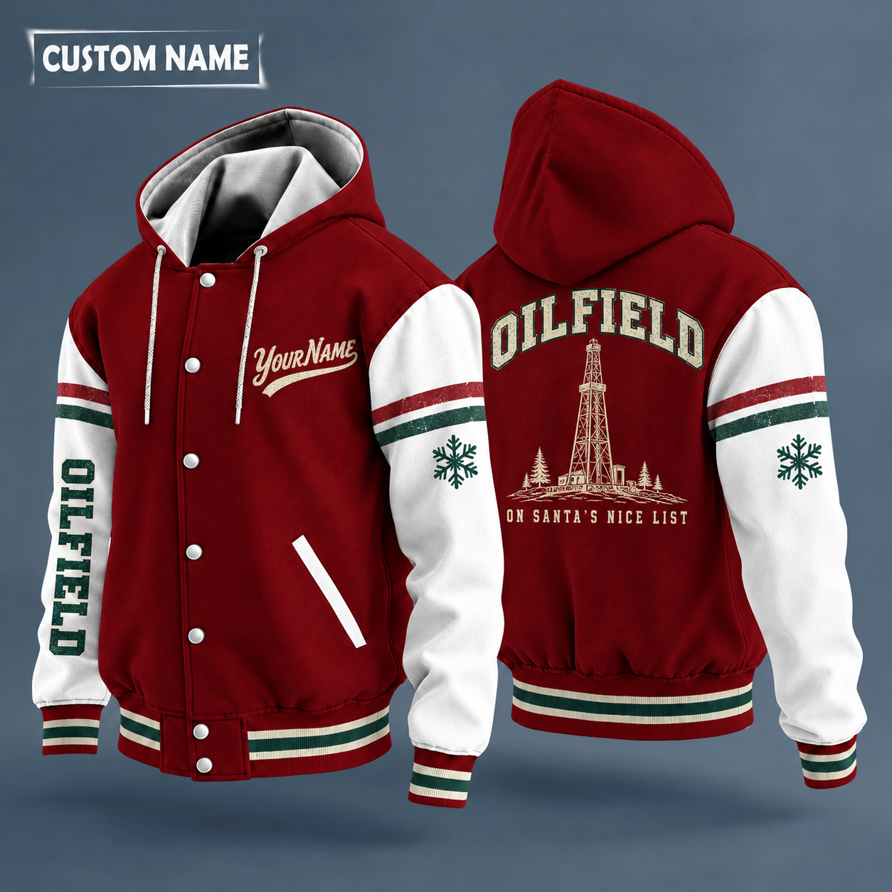 Hooded letterman jacket with white sleeves, snowflake and oil derrick on the back, "OILFIELD" lettering and a custom name in script on the chest