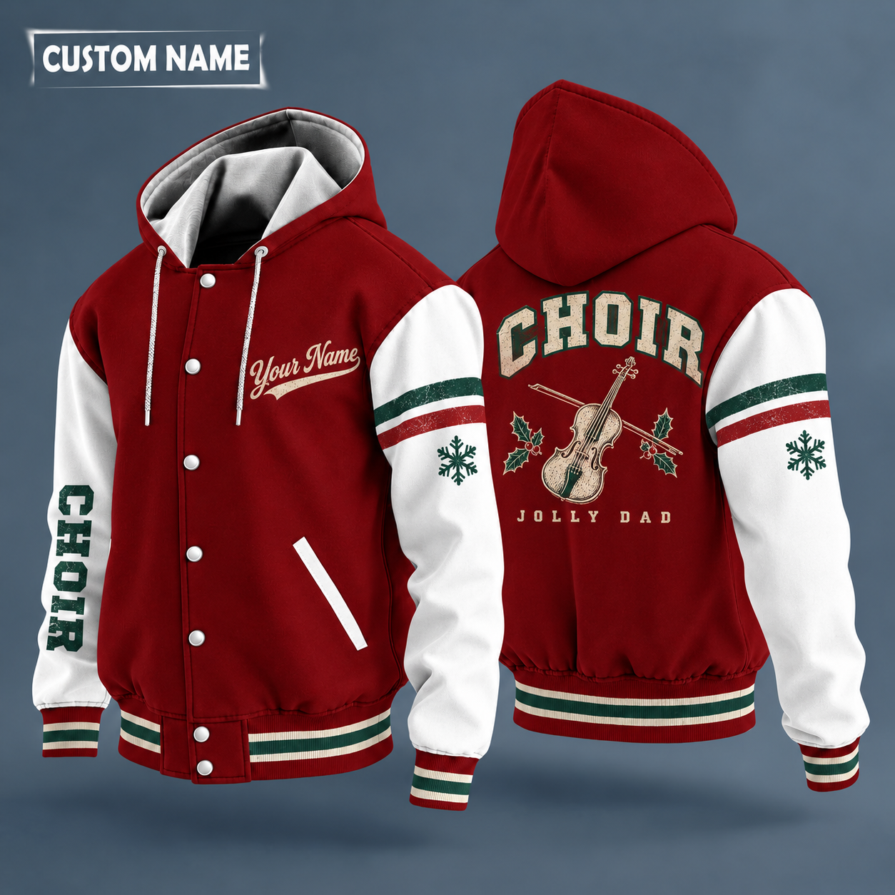 Hooded letterman jacket with white sleeves, snowflake and violin on the back, "CHOIR" lettering and a custom name in script on the chest