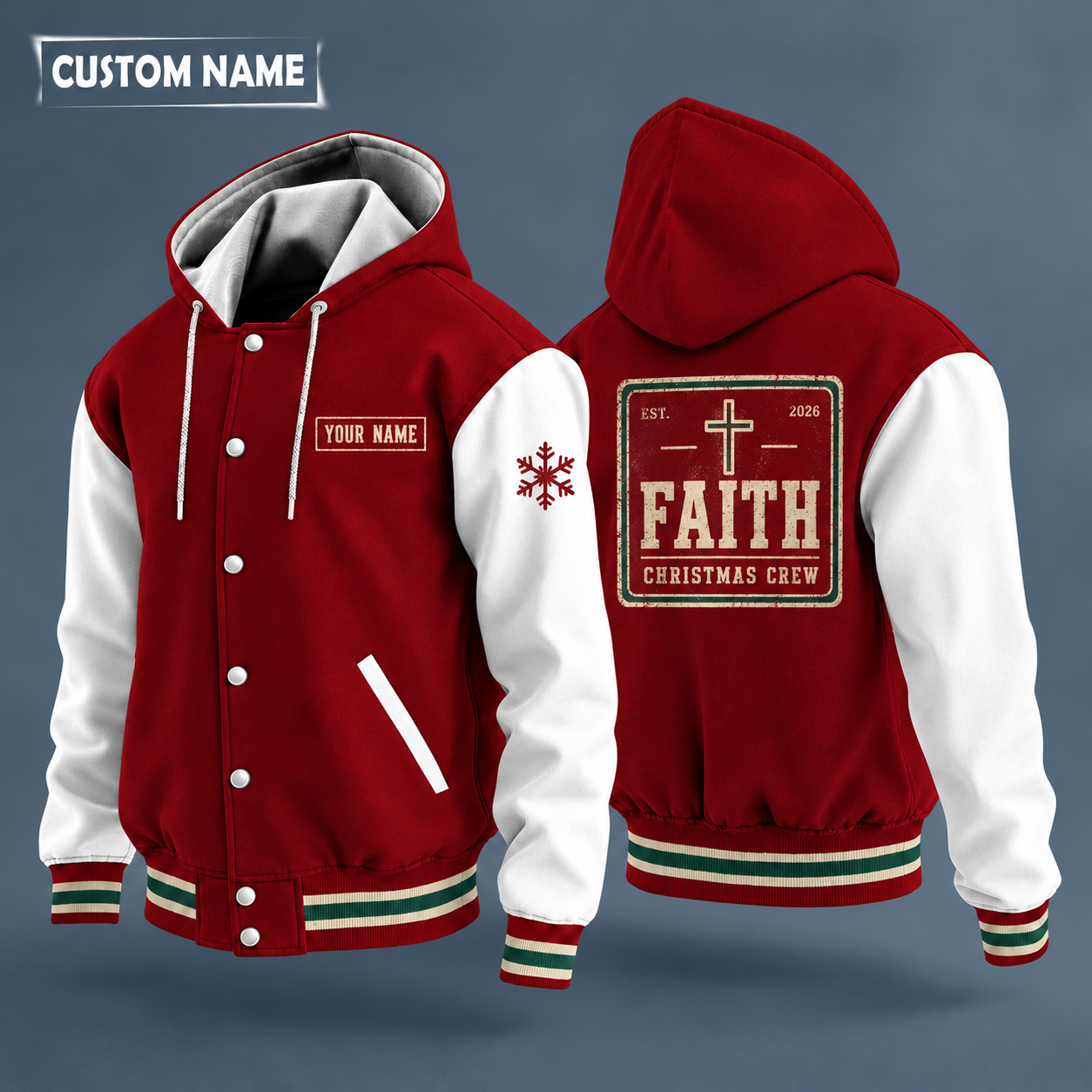 Hooded letterman jacket with white sleeves, snowflake and simple cross on the back, "FAITH" lettering and a custom name on a work-shirt style name tag print on the chest