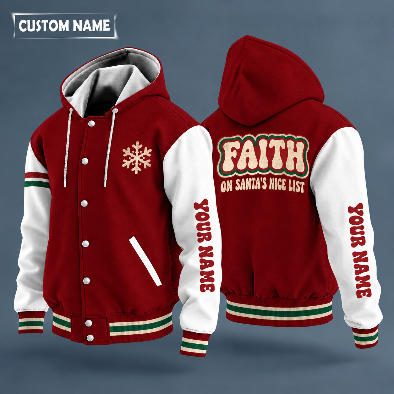 Hooded letterman jacket with white sleeves, snowflake and simple cross on the back, "FAITH" lettering and a custom name down one sleeve in a retro font