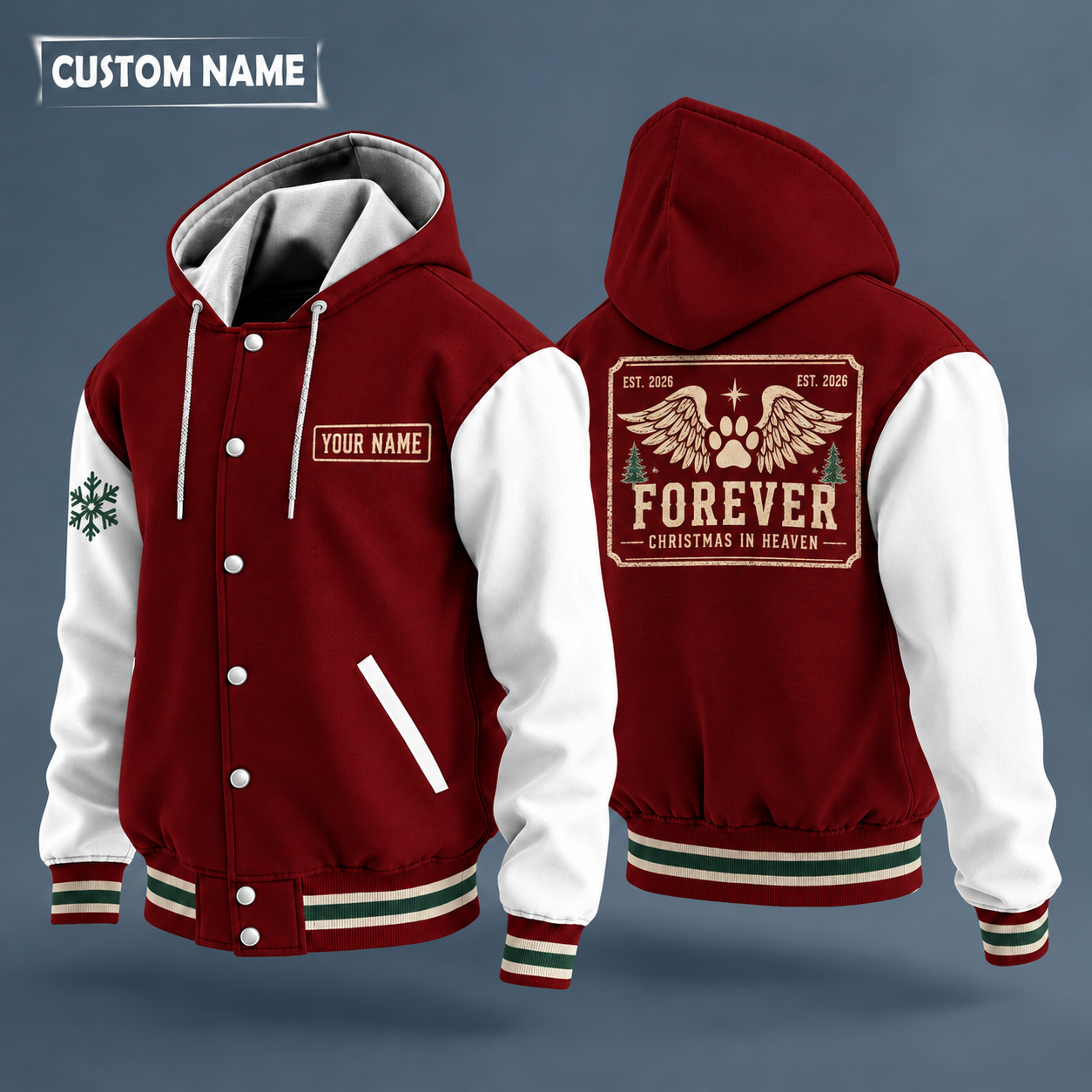 Hooded letterman jacket with white sleeves, snowflake and angel wings with paw print on the back, "FOREVER" lettering and a custom name on a work-shirt style name tag print on the chest