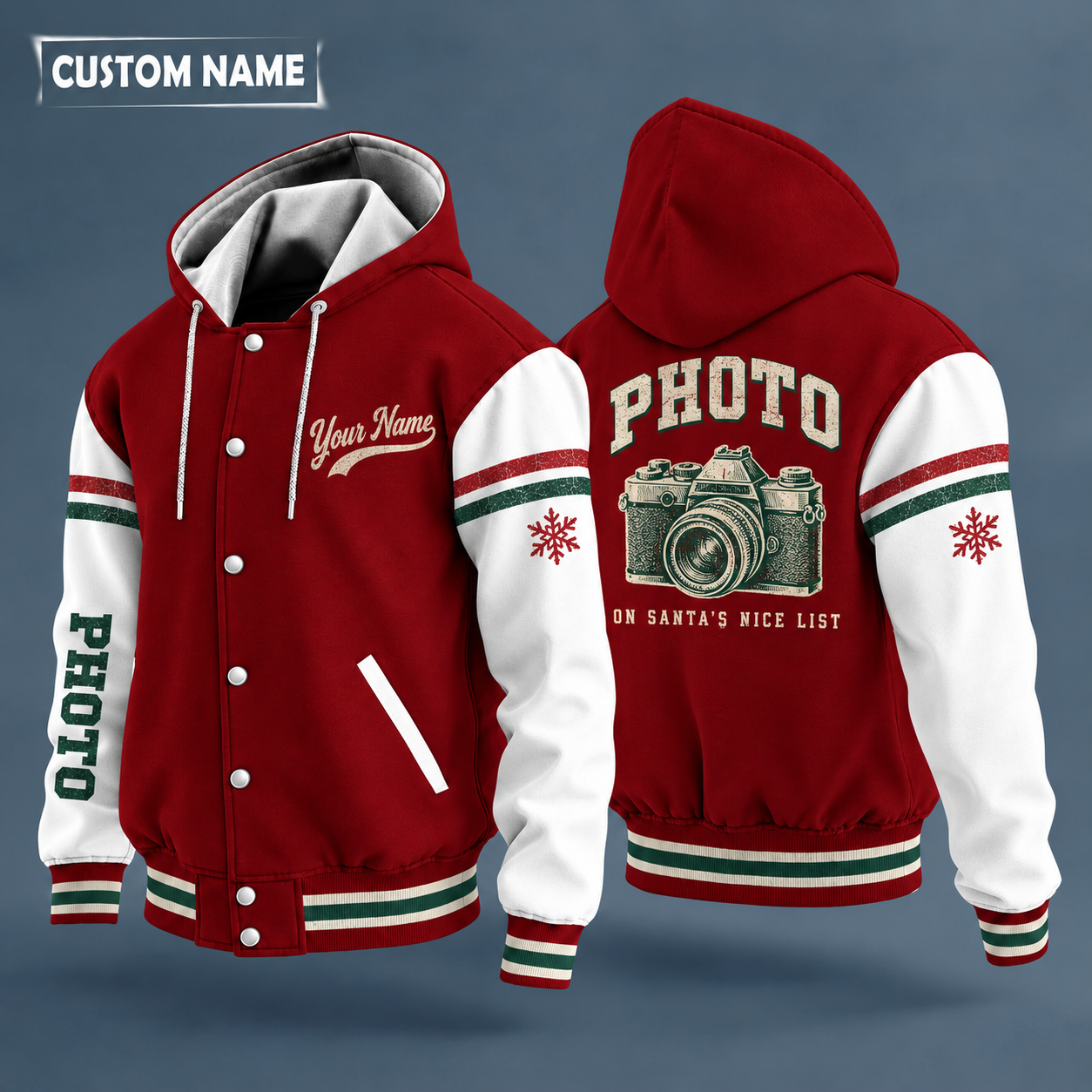 Hooded letterman jacket with white sleeves, snowflake and vintage camera on the back, "PHOTO" lettering and a custom name in script on the chest