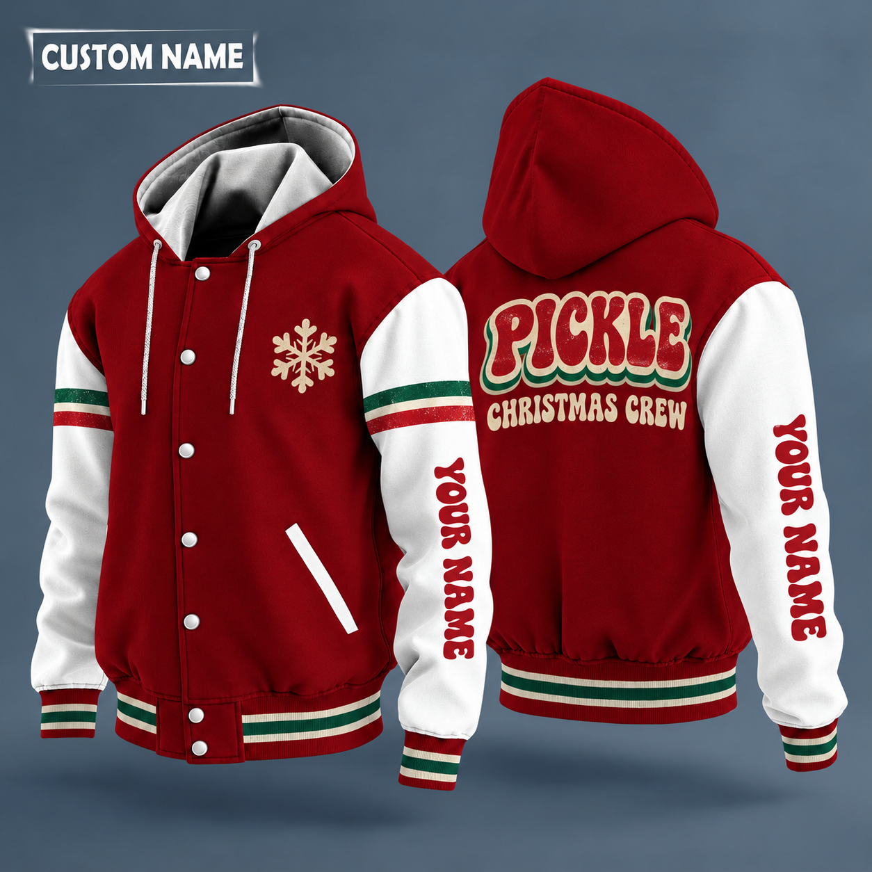 Hooded letterman jacket with white sleeves, snowflake and crossed pickleball paddles on the back, "PICKLE" lettering and a custom name down one sleeve in a retro font