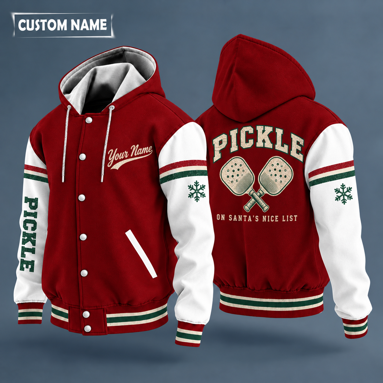 Hooded letterman jacket with white sleeves, snowflake and crossed pickleball paddles on the back, "PICKLE" lettering and a custom name in script on the chest