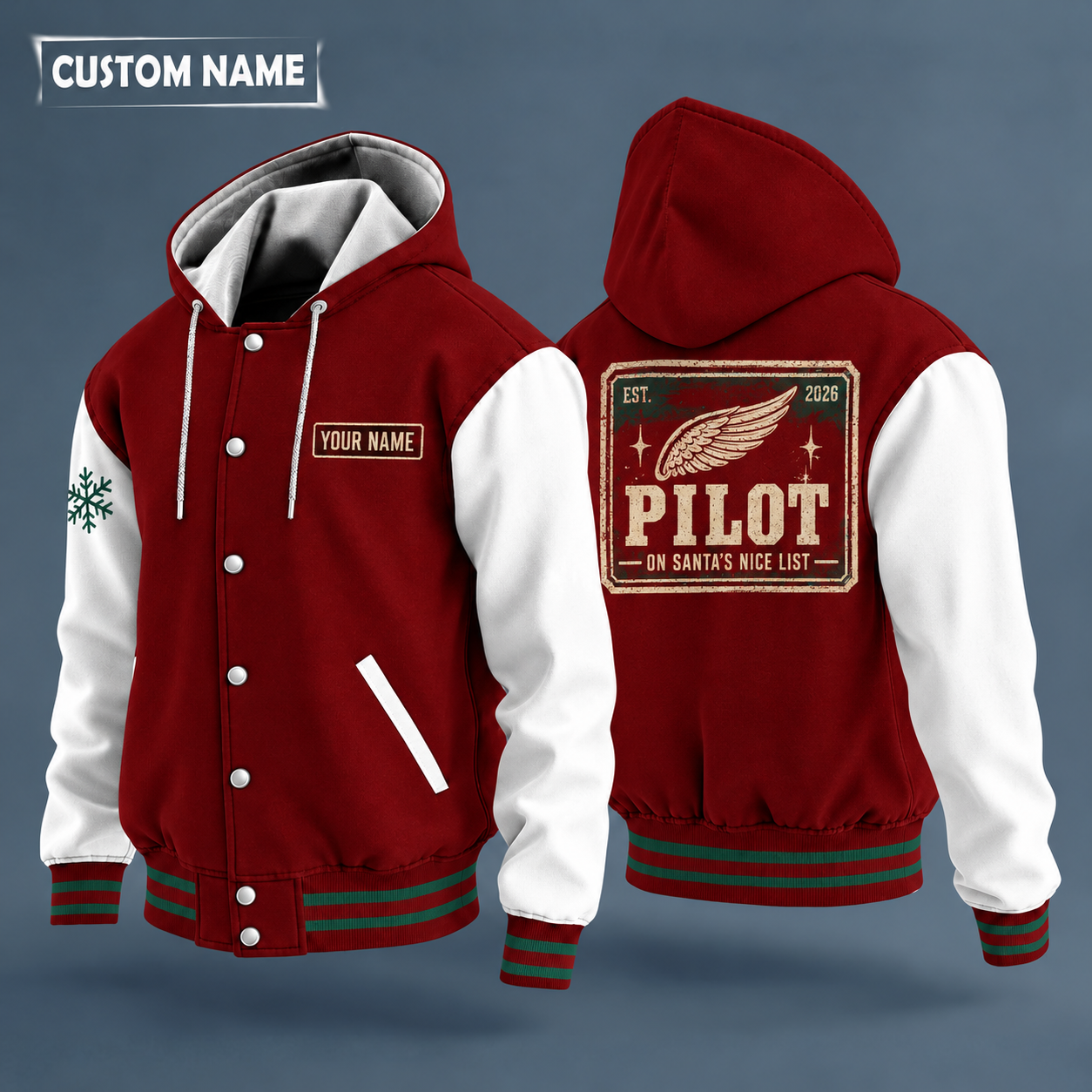 Hooded letterman jacket with white sleeves, snowflake and single feather-shaped wing pin (not a military insignia) on the back, "PILOT" lettering and a custom name on a work-shirt style name tag print on the chest