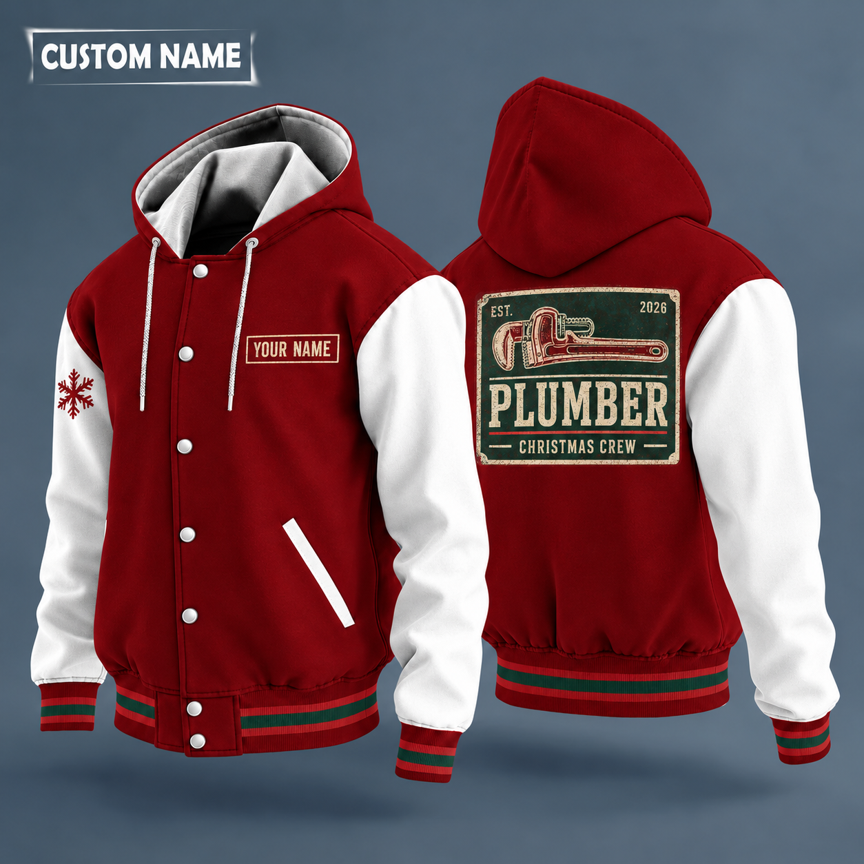 Hooded letterman jacket with white sleeves, snowflake and pipe wrench on the back, "PLUMBER" lettering and a custom name on a work-shirt style name tag print on the chest