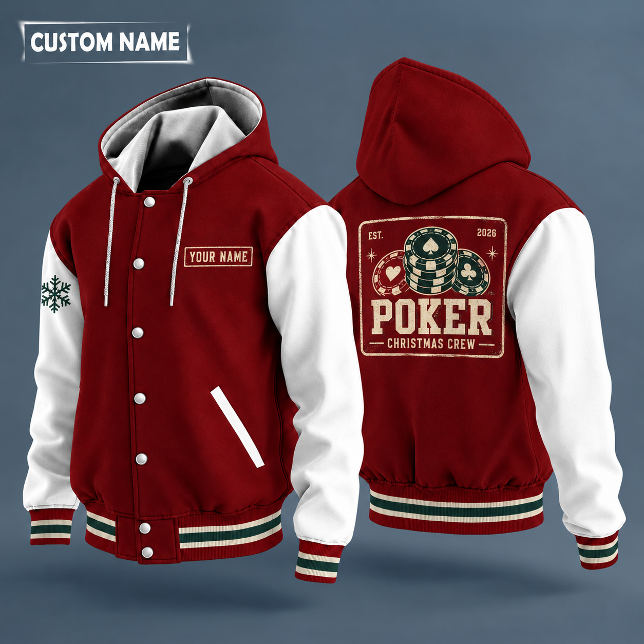 Hooded letterman jacket with white sleeves, snowflake and poker chips on the back, "POKER" lettering and a custom name on a work-shirt style name tag print on the chest